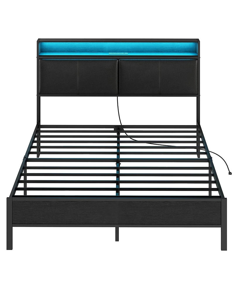 Slickblue Queen Size Metal Bed Frame with Led Headboard, Open Storage Shelves And Noise-Free Design