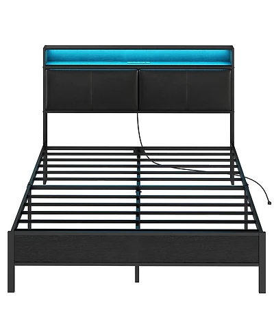 Slickblue Queen Size Metal Bed Frame with Led Headboard, Open Storage Shelves And Noise-Free Design