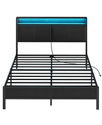 Slickblue Queen Size Metal Bed Frame with Led Headboard, Open Storage Shelves And Noise-Free Design