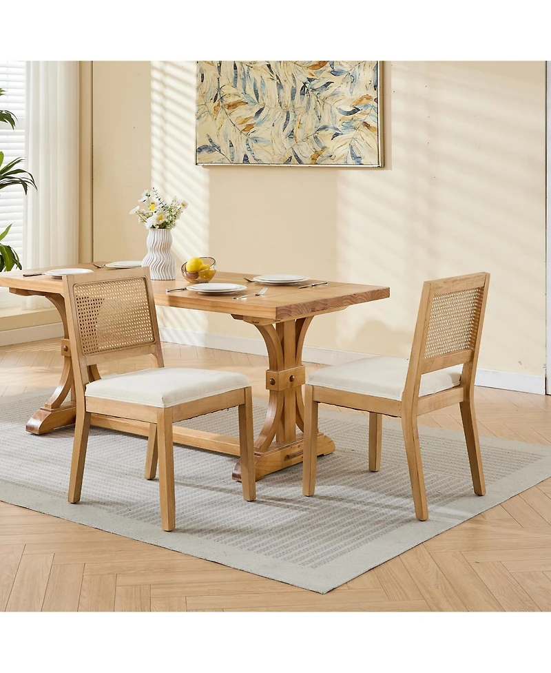 Maison Boucle Mid Century Modern Dining Chairs Set of 2, Farmhouse Rattan Cane Back Side Chairs, Linen Upholstered Seat, Solid Wood Frame