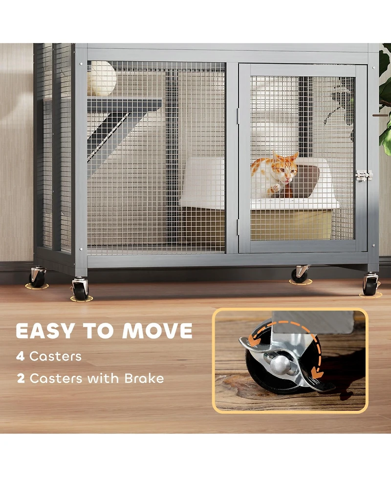 Ruie 74 inch Wooden Outdoor Cat House Catio on Wheels with 3 Perches