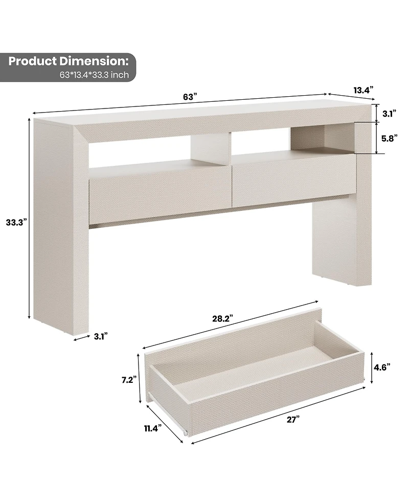 homfan Console Table with Drawers - 63" Farmhouse Entryway Open Storage Shelves, Narrow Sofa Behind Couch, Durable Pb+Mdf