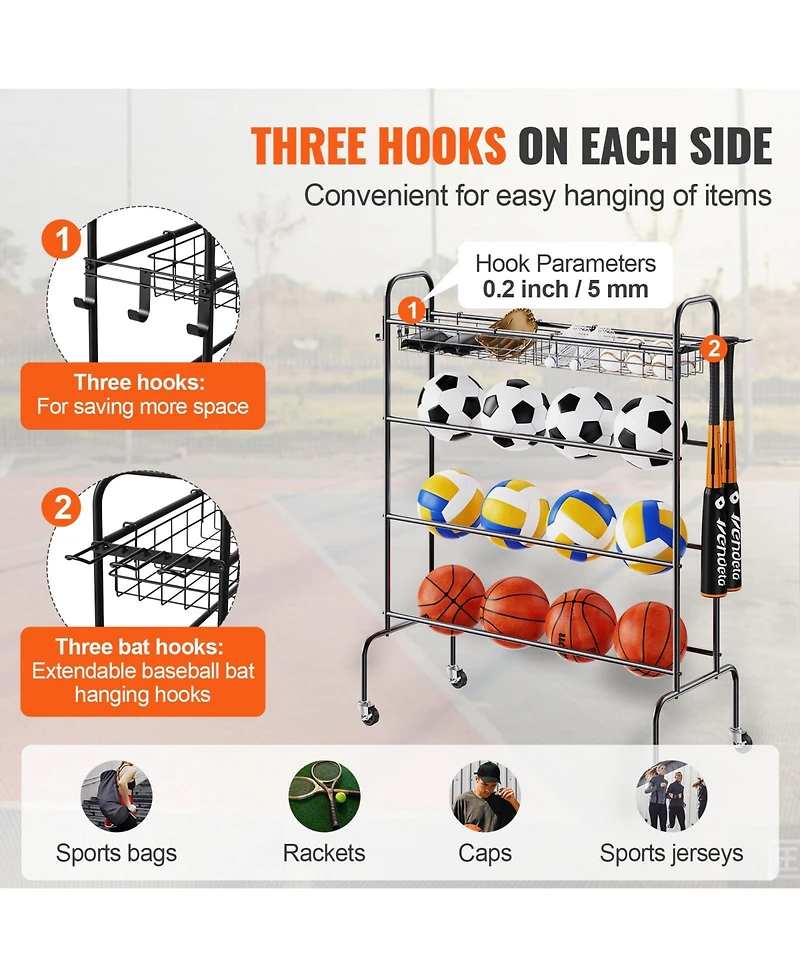 Sevorley 4-Tier Rolling Basketball Rack, Sports Ball Storage Organizer with Wheels, Hooks, and Baskets