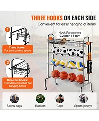 Sevorley 4-Tier Rolling Basketball Rack, Sports Ball Storage Organizer with Wheels, Hooks, and Baskets