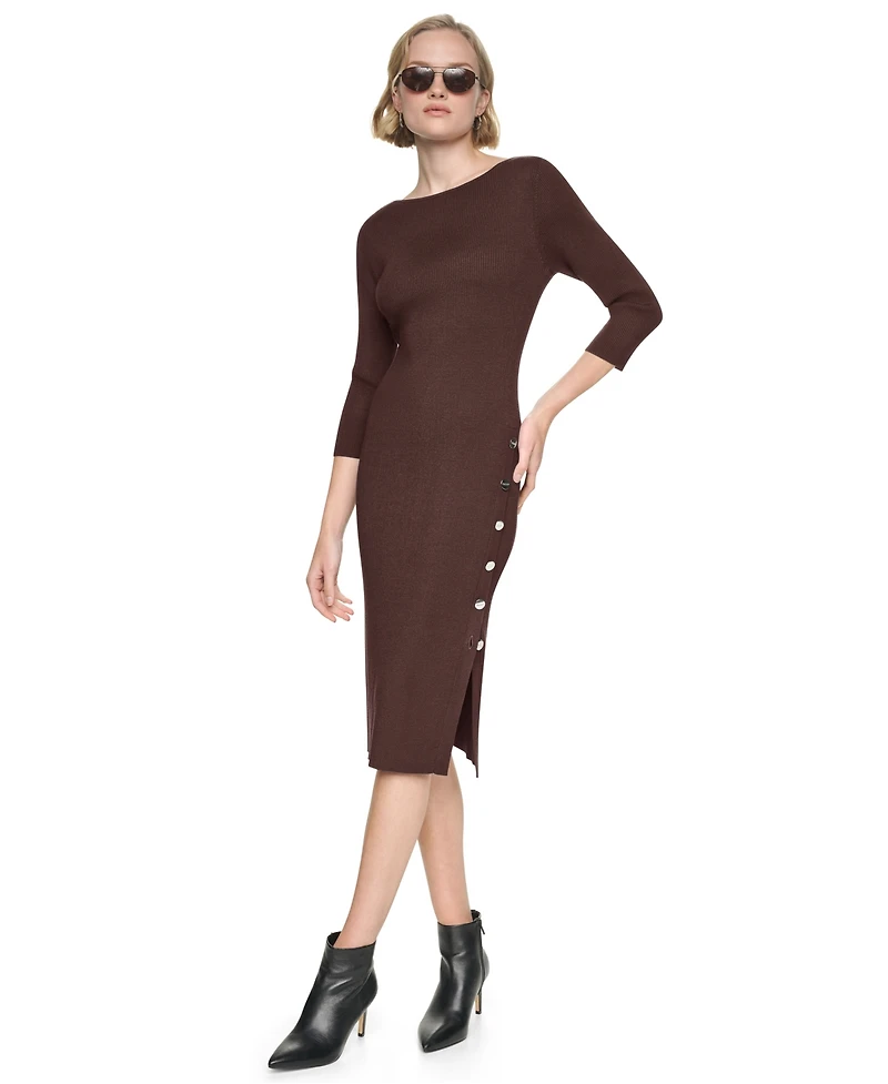 Dkny Women's 3/4 Sleeve Boat Neck Midi Sweater Dress