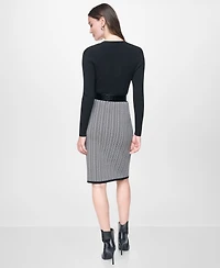 Dkny Women's Long Sleeve V-Neck Belted Sheath Sweater Dress
