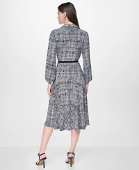 Dkny Women's Long Balloon Sleeve Collared Belted Midi Shirt Dress