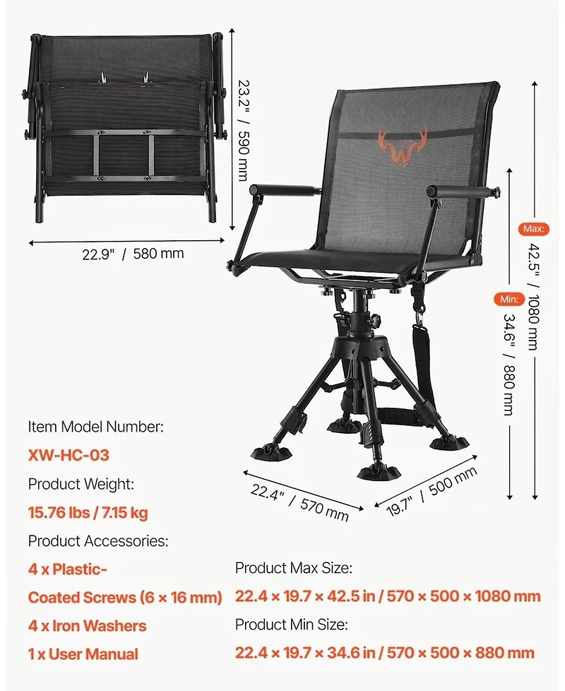 Sevorley 360 Degree Silent Swivel Hunting Chair, Foldable Steel Blind Seat, 350 lb Capacity