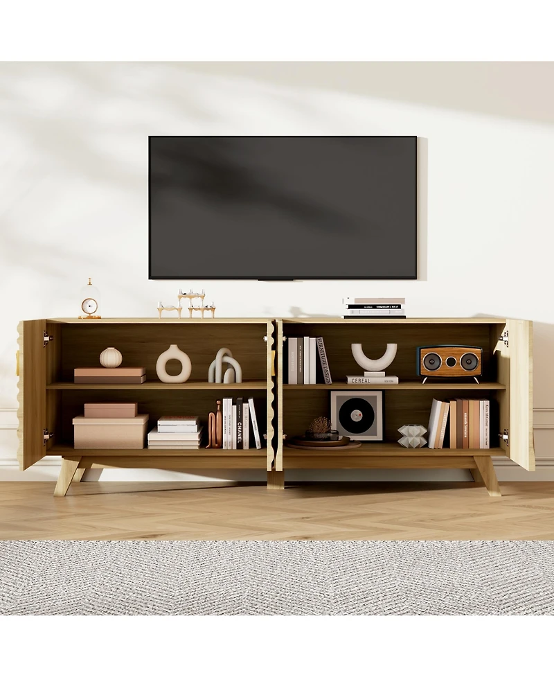 Vlsrka 63" W Modern Tv Stand for 65 Inch Tv, 4-Door Media Console with Adjustable Shelves, Cable Management, Wave Pattern Cabinet Storage