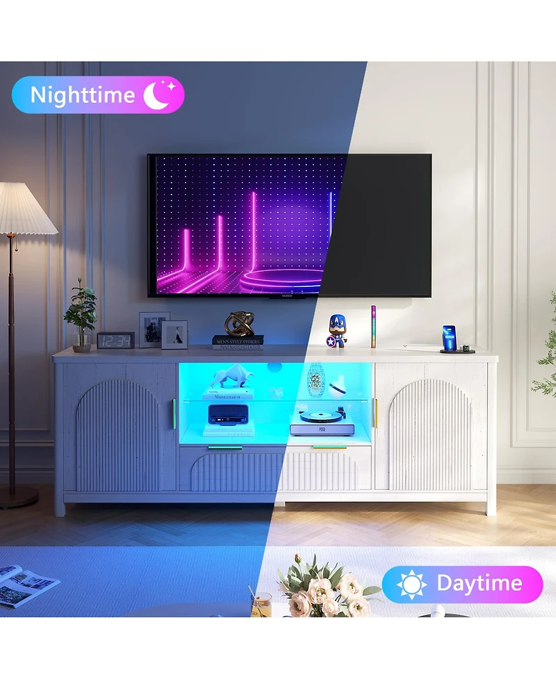 Vlsrka 63" Fluted Tv Stand with Charging Station, Led Lights and Adjustable