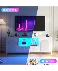 Vlsrka 63" Fluted Tv Stand with Charging Station, Led Lights and Adjustable