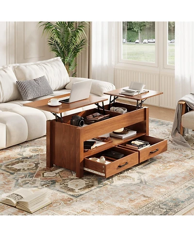 homfan Lift-Top Coffee Table with 2 Drawers, Hidden Compartment and Open Shelf, Convertible Living Room Center Table, Engineered Wood