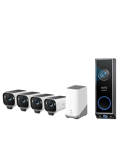 eufy Cam S3 Pro 4-Cam Kit + Video Doorbell E340, Solar Camera Outdoor Wireless, Max Color Night Vision, 4K Security Camera