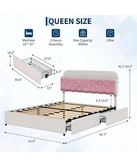Velvet Upholstered Platform Bed with Biscuit Tufted Storage Headboard, Drawer, Sturdy Wood Slats, No Box Spring Needed