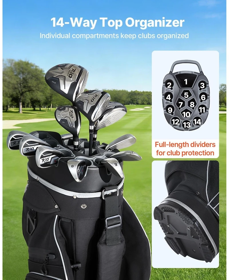 Sevorley 14-Way Golf Cart Bag, 900D Polyester, 13 Pockets, Rain Hood and Strap