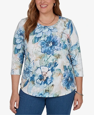 Alfred Dunner Plus Etched Florals Ruched Sides Top