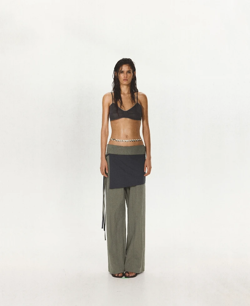 Mango Women's Tied Overlay Wide-Leg Cotton-Blend Pants