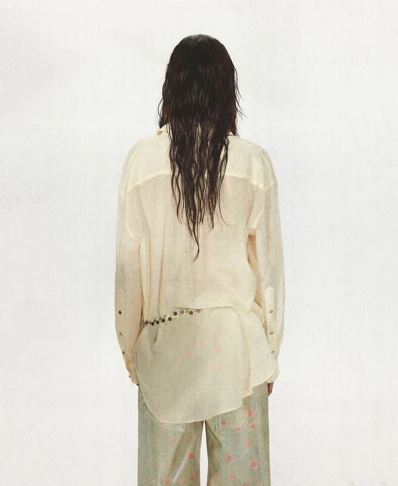 Mango Women's Beaded Belt Semi-Sheer Shirt