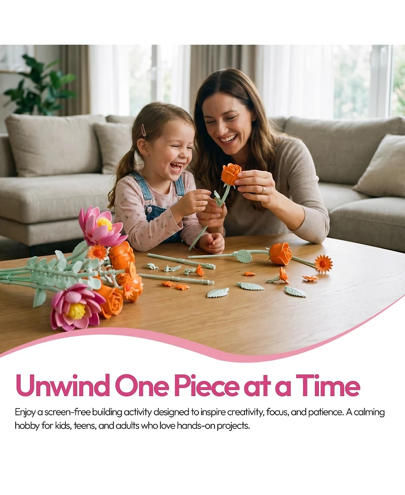 Contixo BK10 Flower Bouquet Building Set, 360-Piece Orange Rose & Pink Lotus Floral Brick Kit with Adjustable Stems, Creative Home Decor Gift, Ages 8+