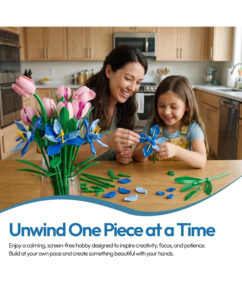 Contixo BK08 Tulip & Iris Flower Bouquet Building Set, 428-Piece Pink & Blue Floral Brick Kit with Adjustable Stems, Creative Home Decor Gift, Ages 8+