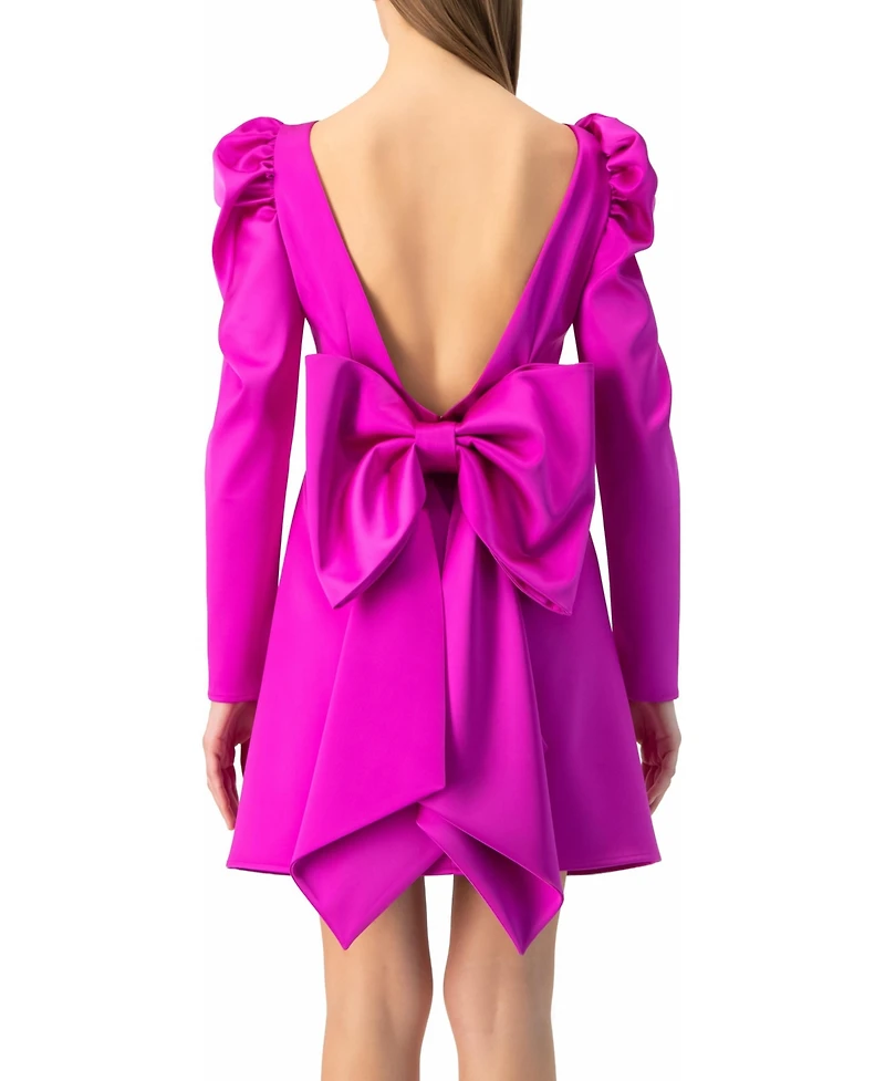 Ivonne Women's Puff-Sleeve Open-Back Bow Mini Dress Satin