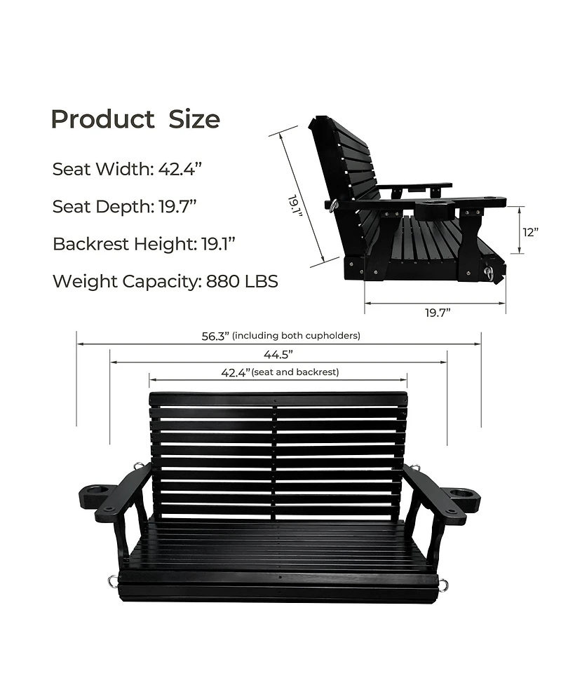 Innovaze 2-Seater 4 Ft Wooden Porch Swing High Backrest and Deep Seat with Cupholders for Outdoor Patio Garden (Deep Brown)