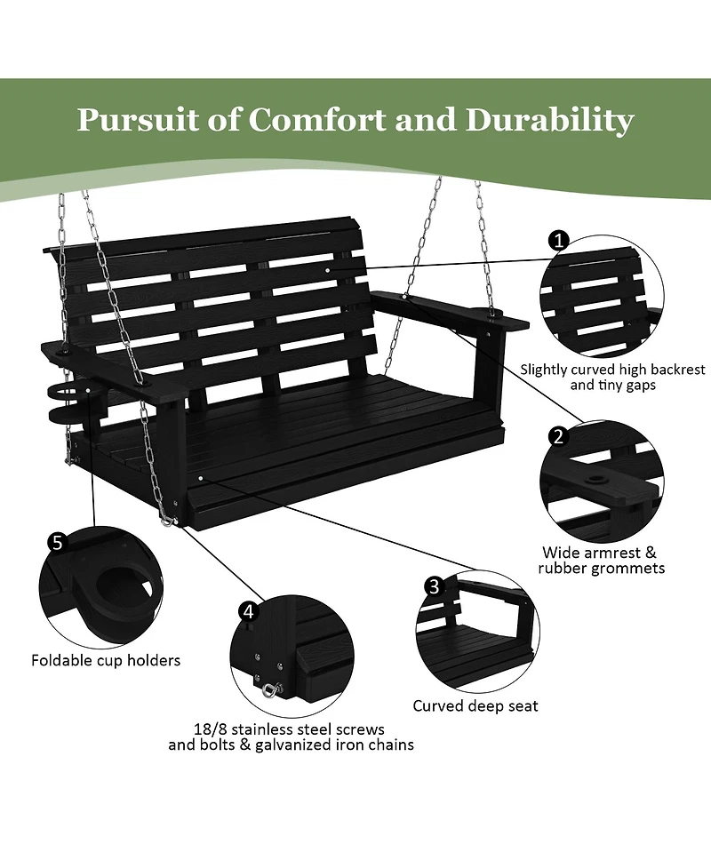 Innovaze 4ft All-Weather Hips Outdoor Porch Swing, Heavy-Duty Hanging Patio Bench with Foldable Cup Holders and Stainless Steel Hardware