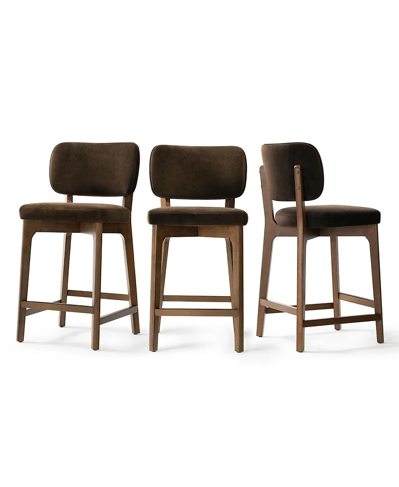 Maison Boucle 25.5" Counter-Height Bar Stools Set of 3, Velvet Upholstered Counter With Curved , Solid Wood Frame Footrest