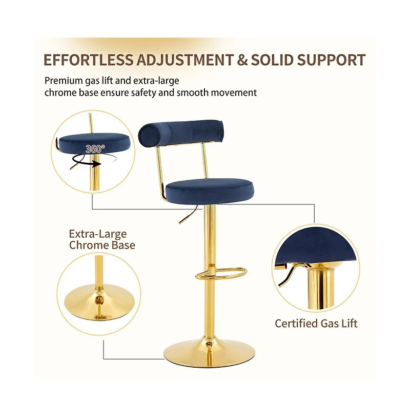 Maison Boucle Velvet Upholstered Swivel Adjustable Bar Stools Set of 2, Counter-Height Chairs with Gas Lift, Electroplated Gold Base