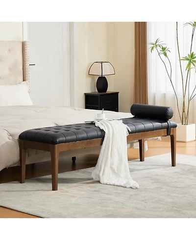 Maison Boucle 66" Upholstered End of Bed Bench with Headrest, Nano Leather Upholstery Button-Tufted Bench, Solid Rubberwood Legs, Entryway Shoe