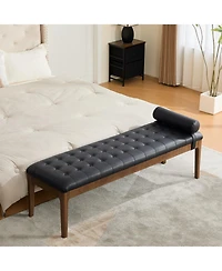 Maison Boucle 66" Upholstered End of Bed Bench with Headrest, Nano Leather Upholstery Button-Tufted Bench, Solid Rubberwood Legs, Entryway Shoe