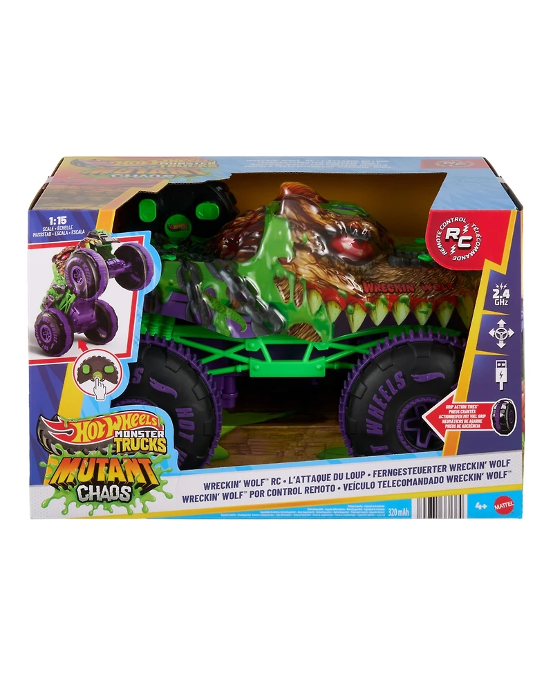 Hot Wheels 1:15 scale Monster Trucks Mutant Chaos Wreckin Wolf Rc, Battery-Powered Remote-Control Toy