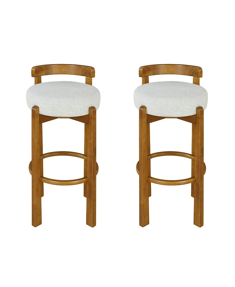 Maison Boucle Bar Height Stools Set of 2, Solid Wood Frame, Upholstered Round Seat, Low Back with Ring Footrest for Kitchen Island