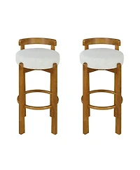 Maison Boucle Bar Height Stools Set of 2, Solid Wood Frame, Upholstered Round Seat, Low Back with Ring Footrest for Kitchen Island