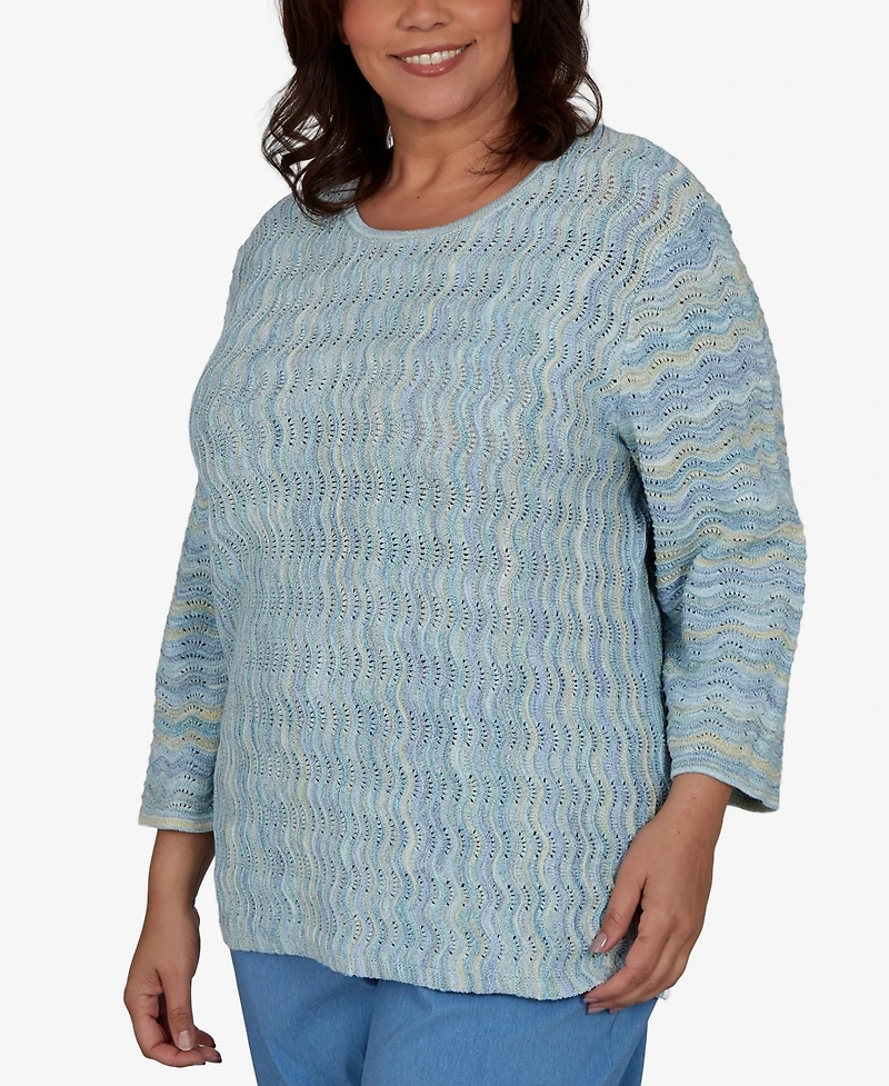 Alfred Dunner Plus Provence Scalloped Stripes Textured Sweater