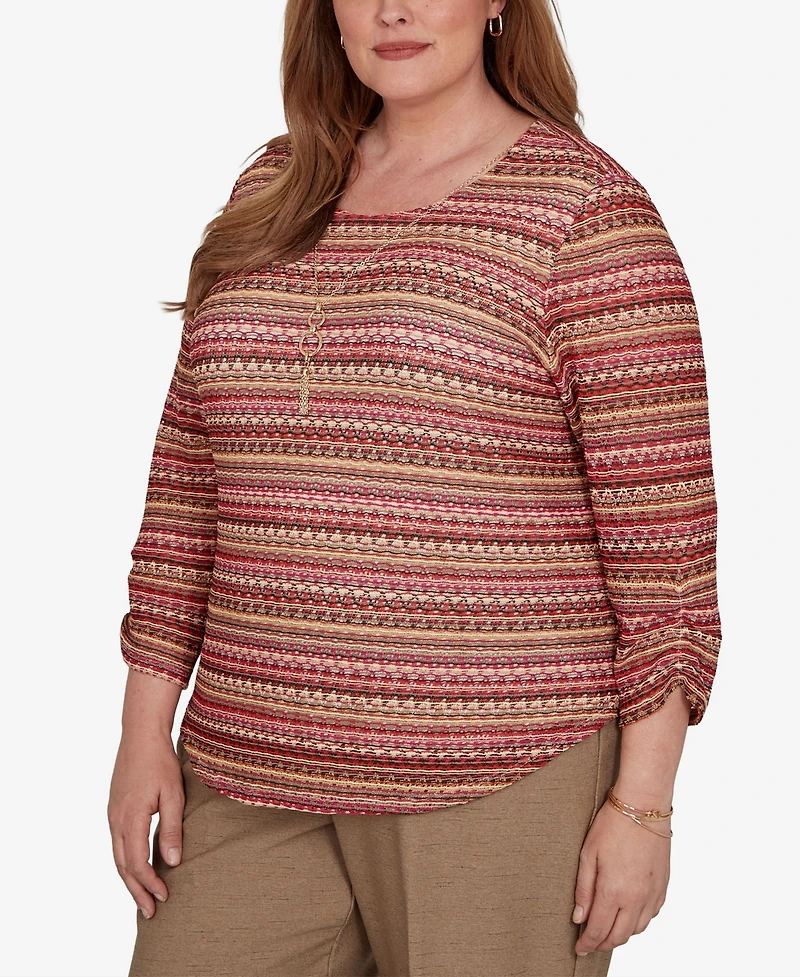 Alfred Dunner Plus Union Square Spacedye Biadere Stripe Top with Necklace