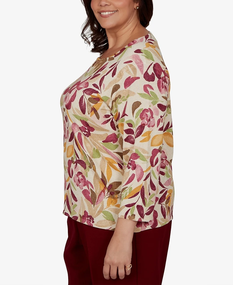 Alfred Dunner Plus Union Square Floral Painterly Print Shimmer Sweater