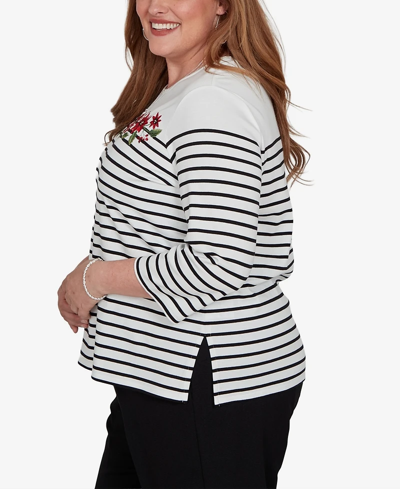 Alfred Dunner Plus Classic Poinsettia Stripe Knit Top