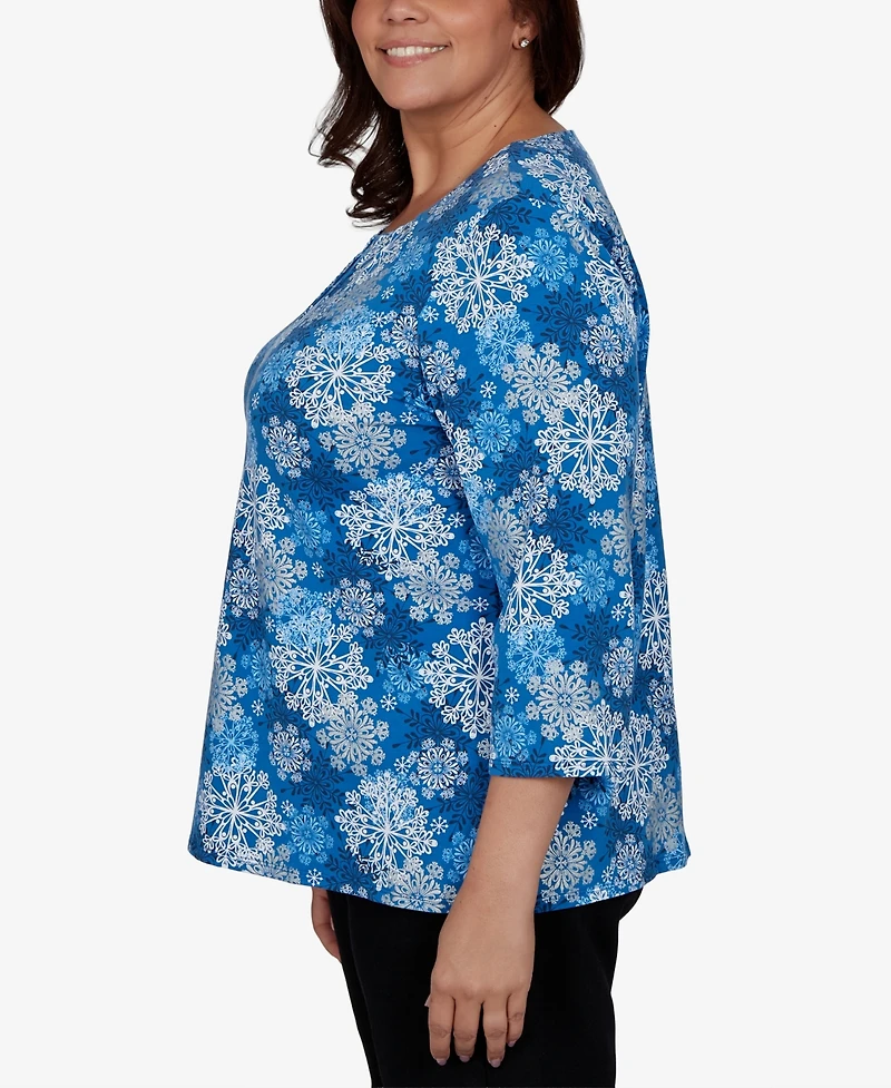 Alfred Dunner Plus Classic Blue Snowflake Print Knit Top