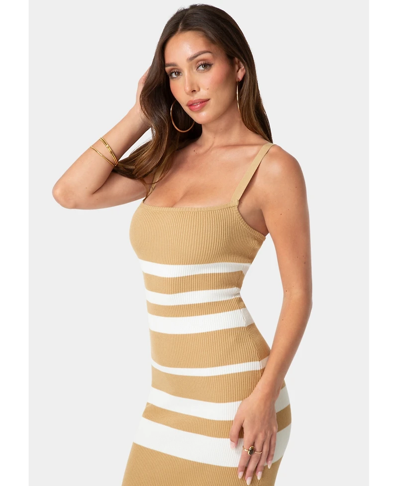 Bebe Womens Rib Stripe Square Neck Midi Dress