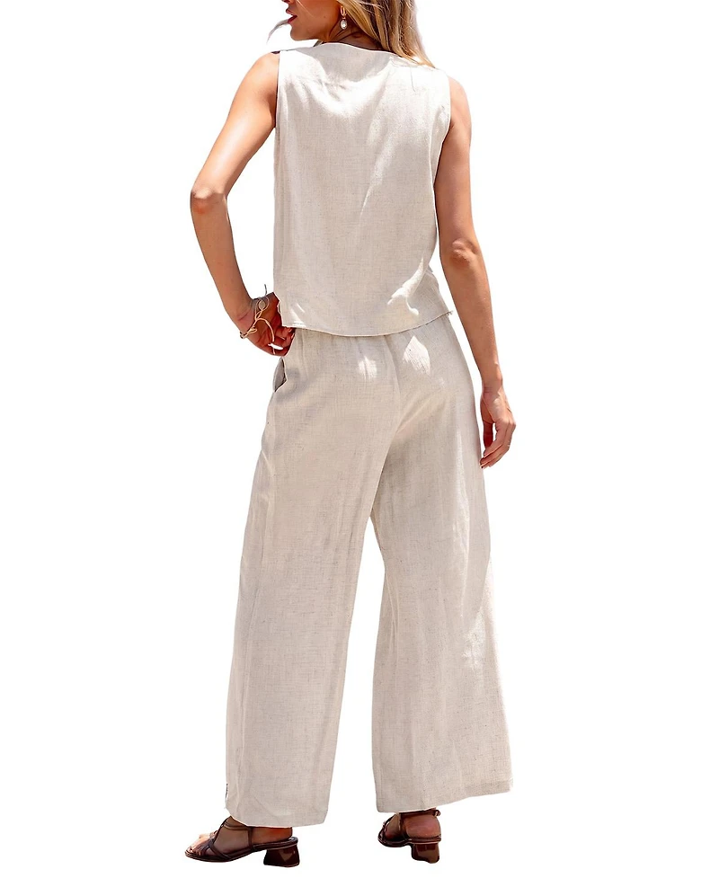 Cupshe Women's Grace Shore Wide-Leg Button-Up Top and Pants Set