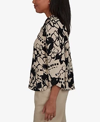 Alfred Dunner Petite Travel Advisory Geo Floral Button Front Top
