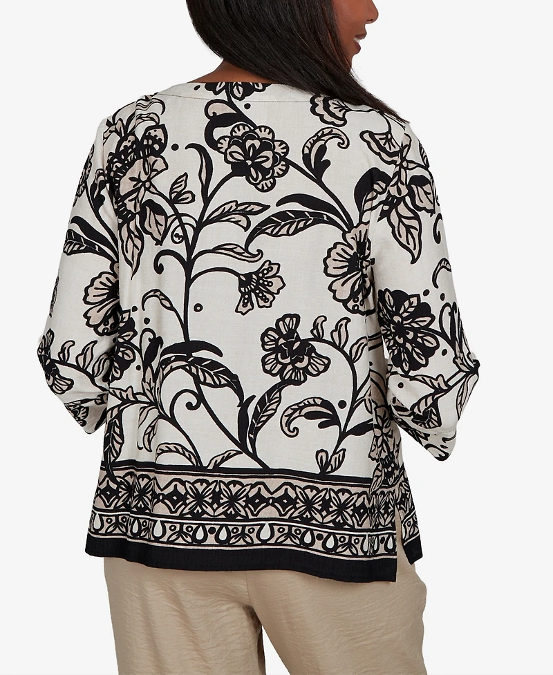 Alfred Dunner Petite Travel Advisory Scroll Border Top With Necklace