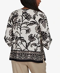 Alfred Dunner Petite Travel Advisory Scroll Border Top With Necklace