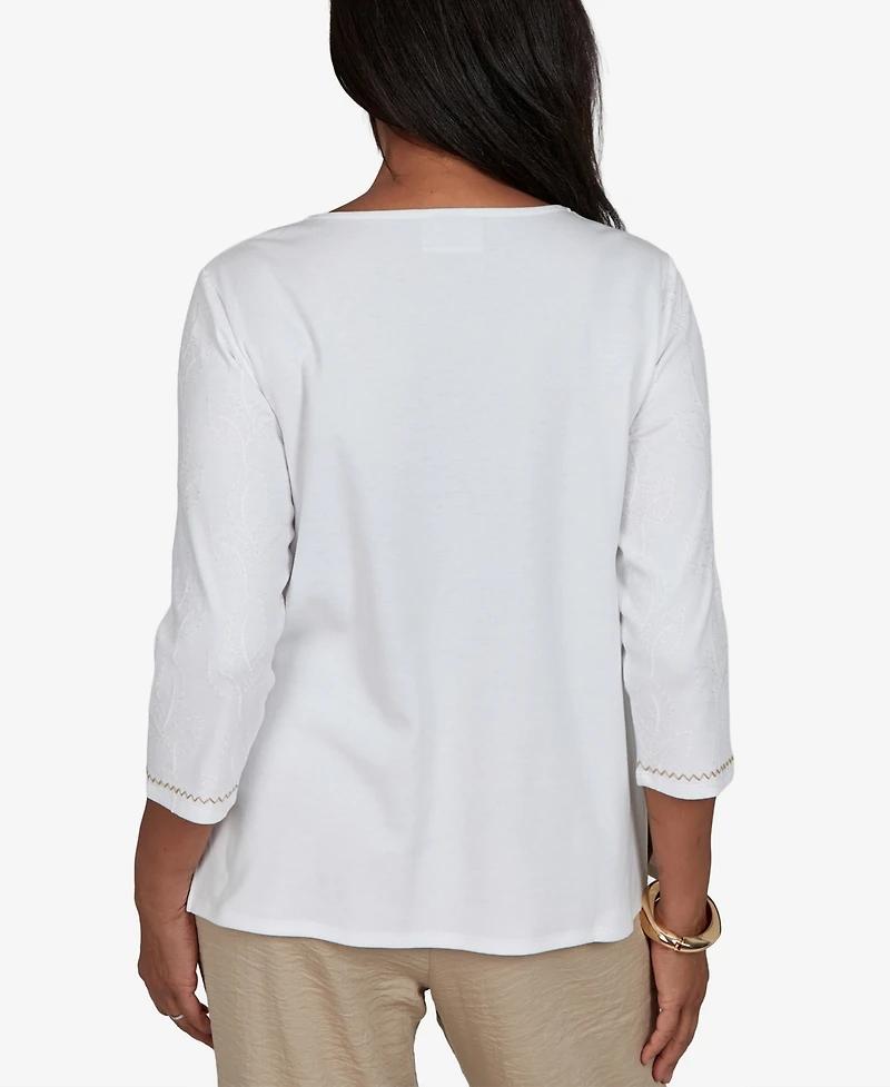 Alfred Dunner Petite Travel Advisory Floral Butterfly Line Embroidered Top