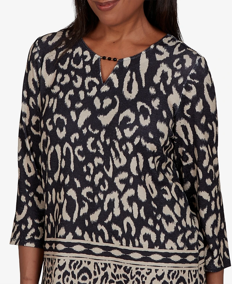 Alfred Dunner Petite Travel Advisory Animal Print Split Neck Knit Top