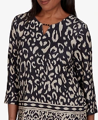 Alfred Dunner Petite Travel Advisory Animal Print Split Neck Knit Top