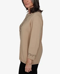 Alfred Dunner Petite Travel Advisory Beaded Scroll Embellished Sweater