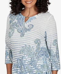 Alfred Dunner Petite Provence Paisley Stripe Split Neck Top