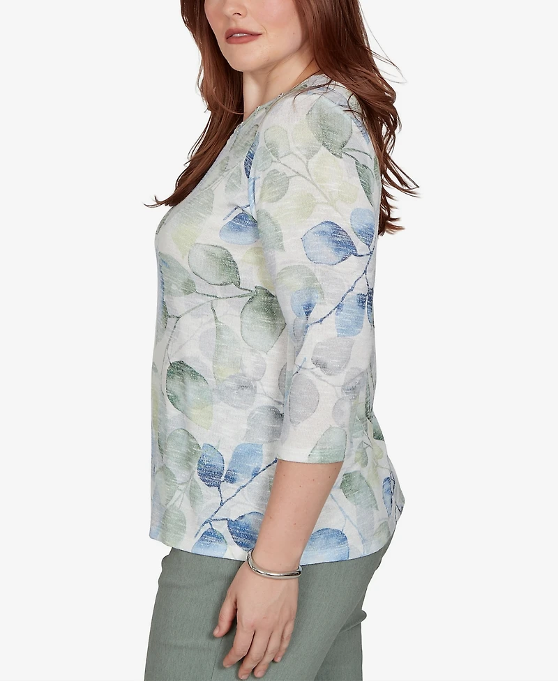 Alfred Dunner Petite Provence Watercolor Allover Leaf Print Top